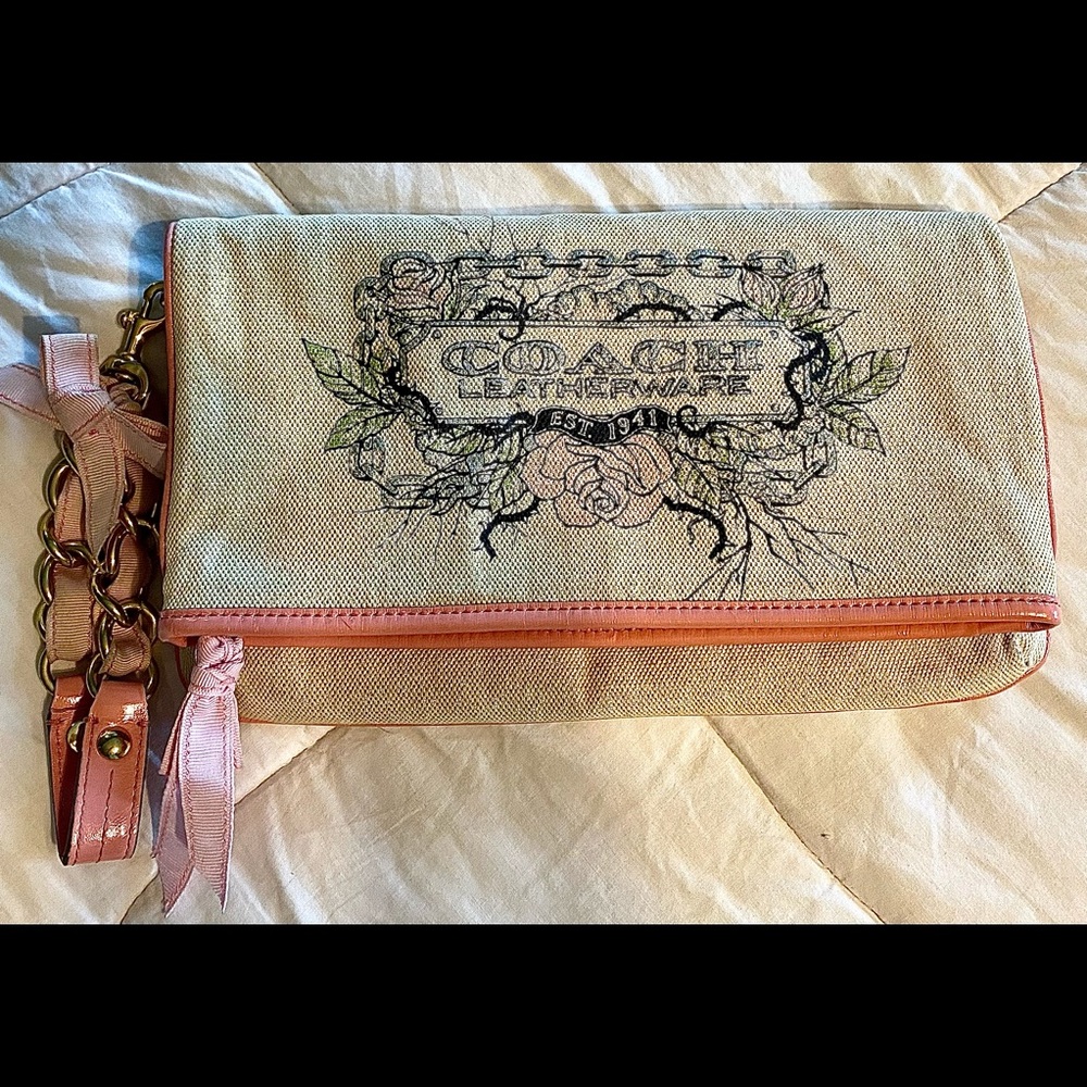 COACH Canvas and Patent Leather Tattoo fold over handbag wristlet
